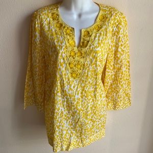 Yellow cotton Caftan Tunic Charter Club Pet/M “Garden Party” NWT